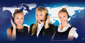 three ladies with headsets for calls