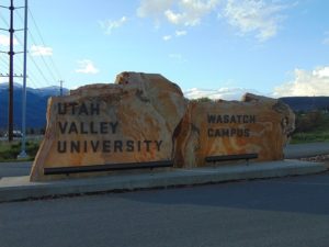 utah valley university sign made of rock