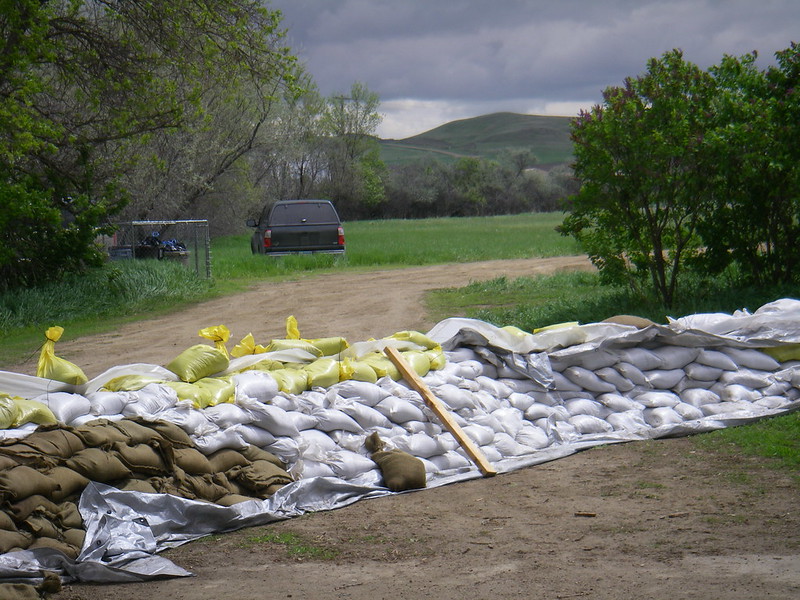 sand bag wall in flood preparation  